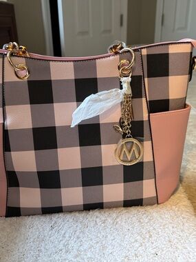 Pink Plaid Tote with Gold Charm